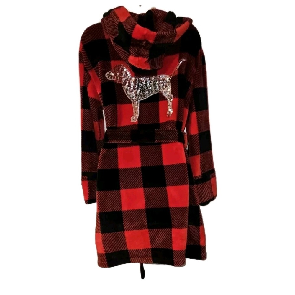 Victoria's Secret PINK Womens XS Buffalo Plaid Sequin Dog Hooded Robe NWOT - Picture 2 of 5